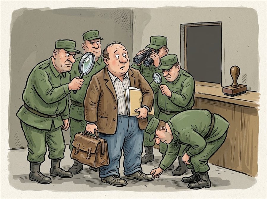 Illustration humoristique : un voyageur avec un dossier de papiers, entouré de militaires qui l'examinent à la loupe