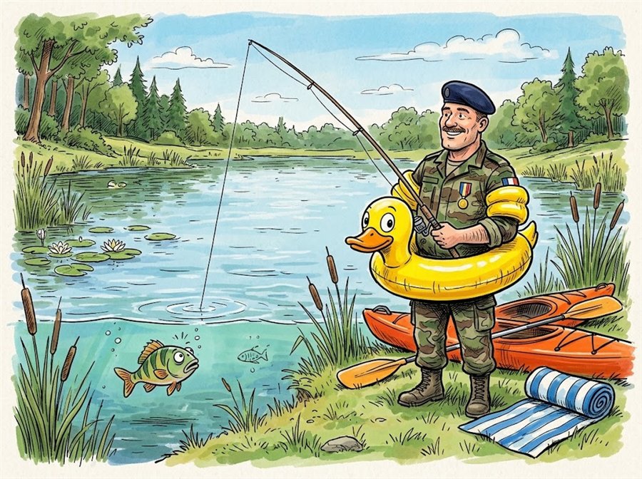 Illustration humoristique : un fusilier marin en béret, bouée canard autour de la taille, canne à pêche à la main