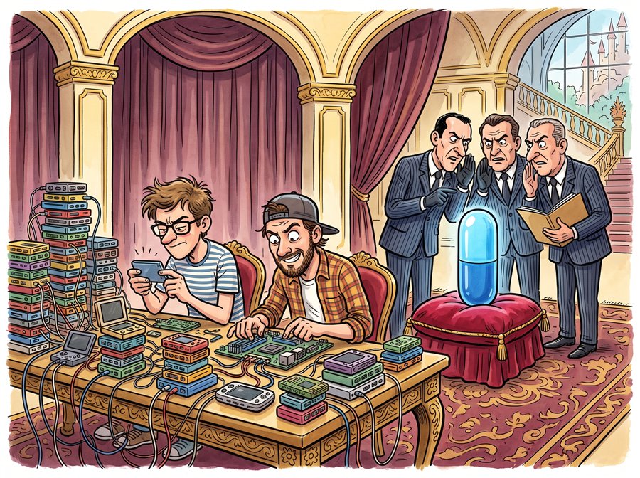 Illustration humoristique : deux jeunes informaticiens dans un hôtel de parc d'attractions, à la veille du lancement d'une petite pilule bleue