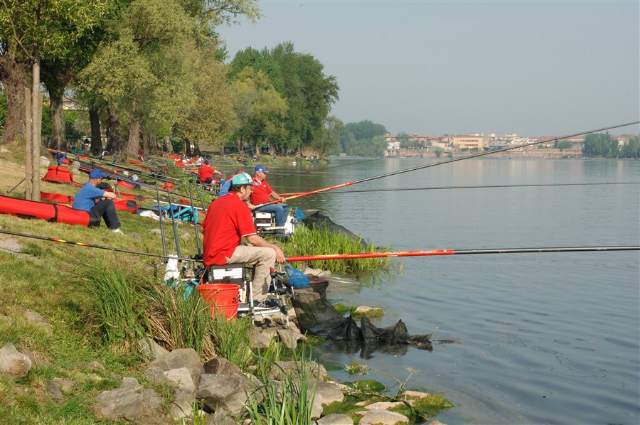 Un concours au bord d'un lac, à Mantova, en Italie, les pêcheurs alignés
