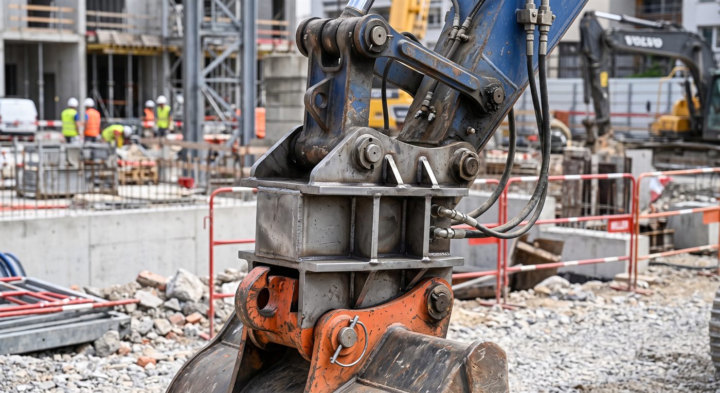 An adapter inserted between two different coupler interfaces, at the end of the dipper arm: it takes the machine's coupler on one side and presents the tool's interface on the other, bolts visible.