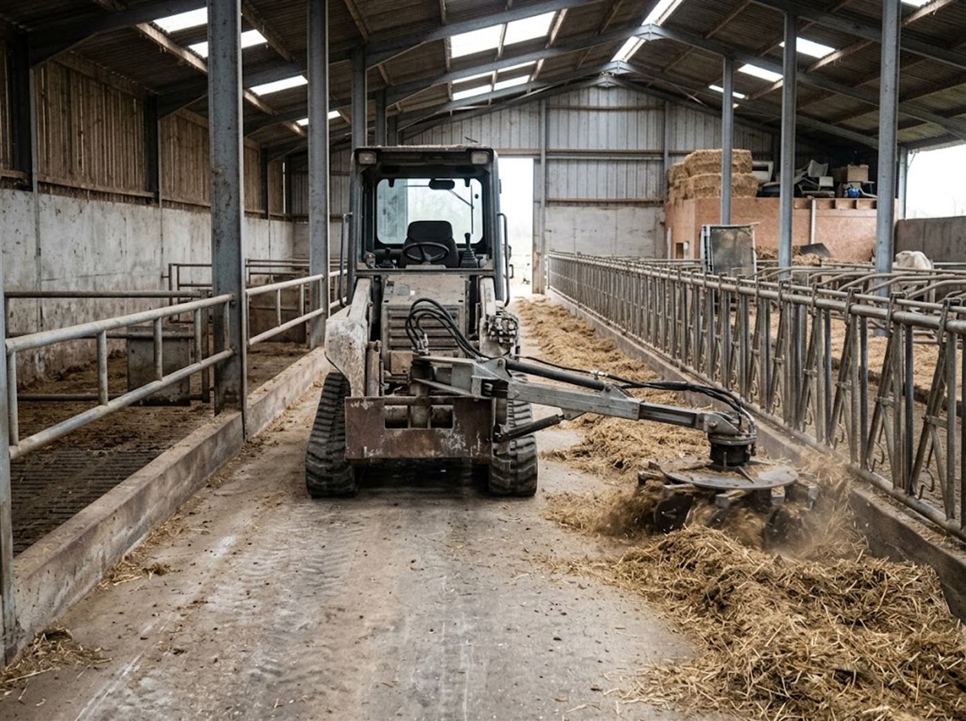 Dans une stabulation sans animaux, un chargeur agricole avance dans le couloir ; au bout d'un bras latéral, un disque rotatif ameublit la litière d'une rangée de logettes ; personne n'est visible.