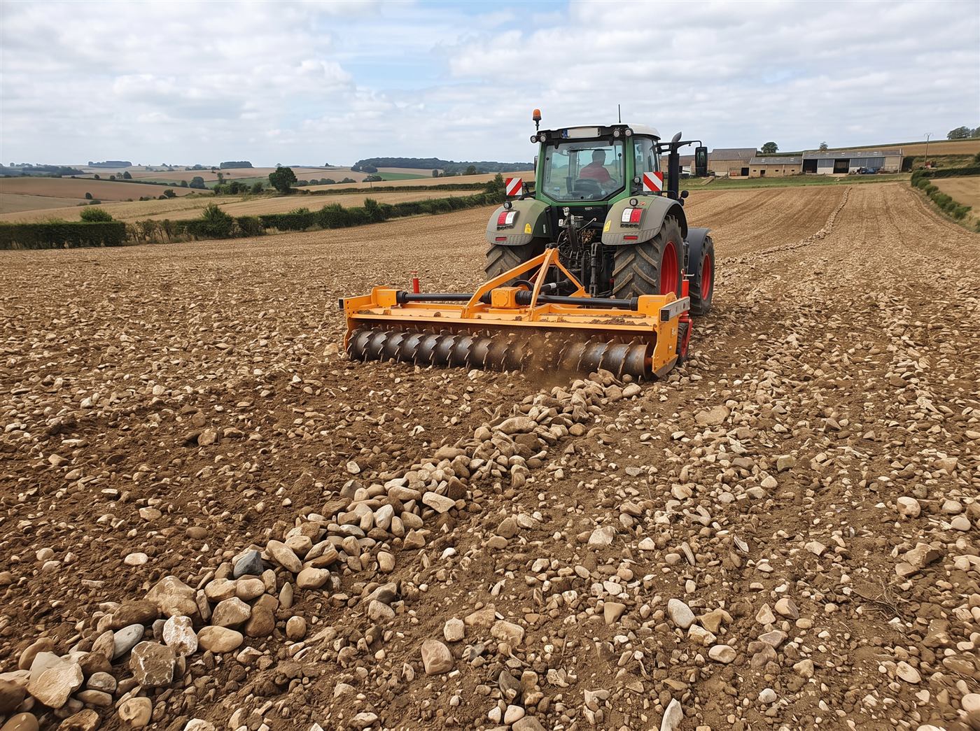 Un tracteur tire un andaineur à pierres sur un champ caillouteux ; derrière la machine, les pierres forment une ligne continue le long du passage.