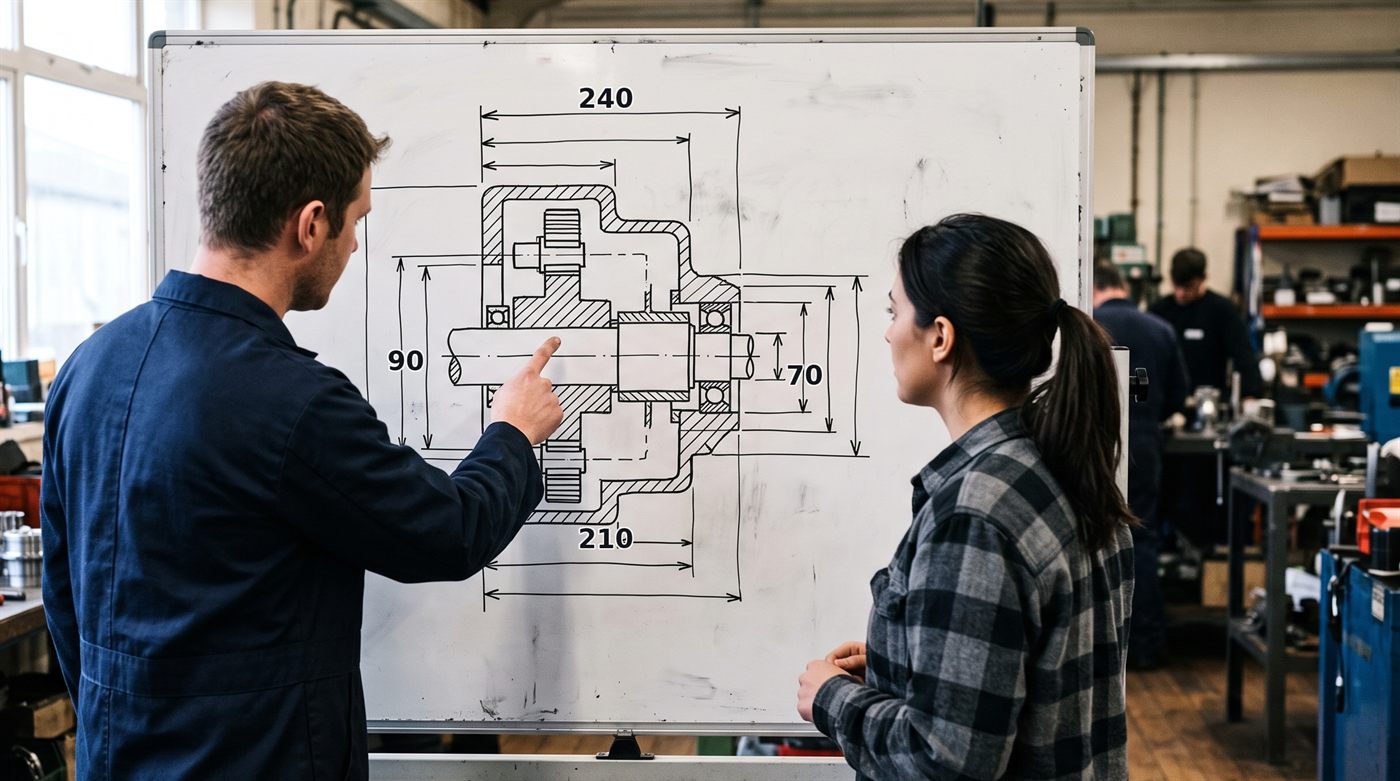 Deux personnes devant un tableau blanc d'atelier : l'une désigne du doigt une coupe dessinée à la main — arbre, roulements, hachures et flèches de cotation — pendant que l'autre suit le tracé.