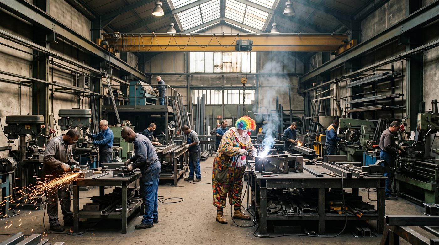 La même travée d'atelier, établis en enfilade, pont roulant, perceuses à colonne et tours, un opérateur qui meule dans une gerbe d'étincelles. Au centre, un soudeur en costume de clown, perruque arc-en-ciel et nez rouge, amorce un arc à visage découvert.