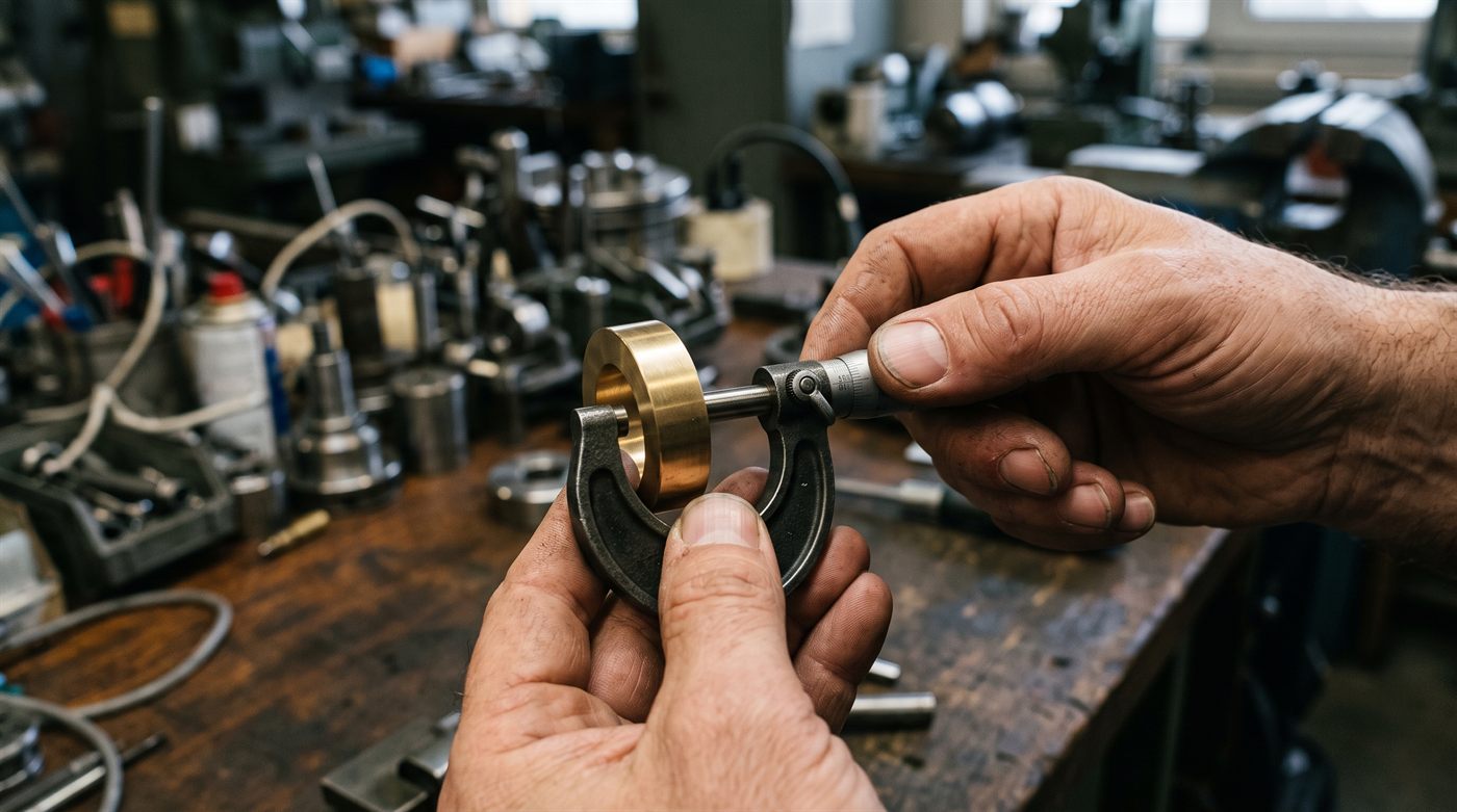 Deux mains mesurant une bague de laiton au palmer : la droite actionne le cliquet entre deux doigts, la gauche tient l'étrier ; l'établi et des pièces usinées sont derrière.
