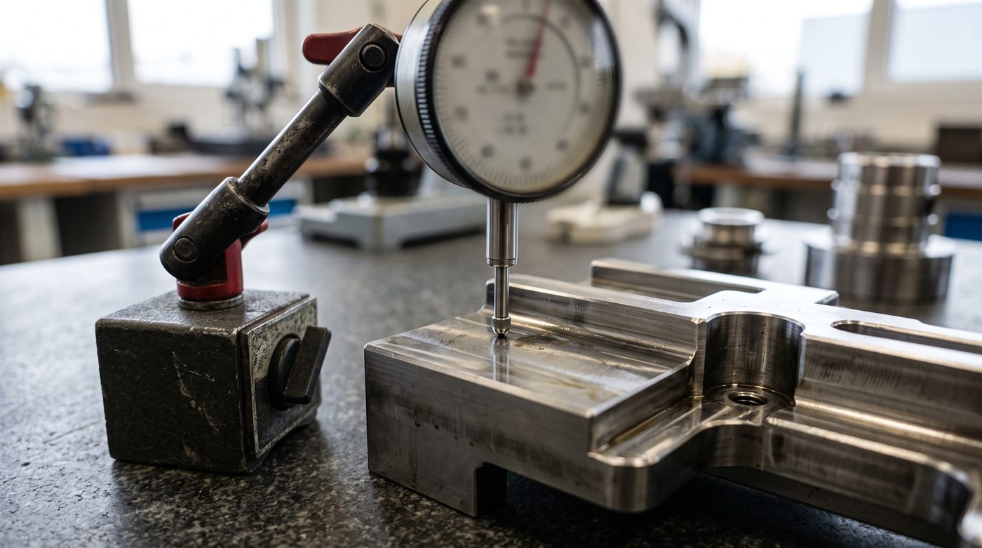 Une pièce usinée posée sur un marbre de contrôle en granit, avec un comparateur monté sur socle magnétique dont la touche repose sur la surface à vérifier.
