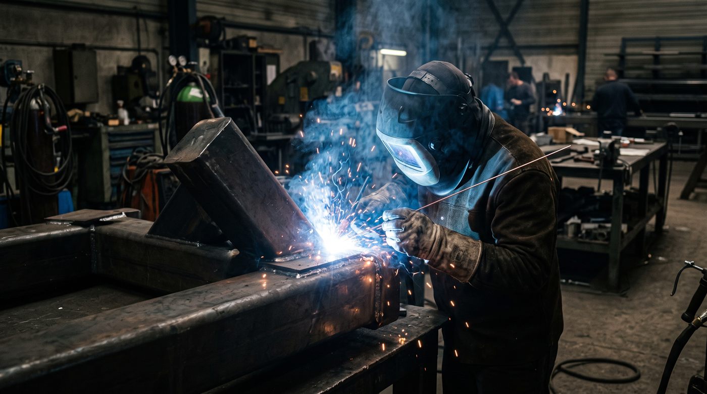 Un soudeur masque baissé, l'arc allumé, soudant une pièce d'acier dans un atelier ; la gerbe d'étincelles et la fumée montent devant lui, et d'autres postes travaillent au fond.