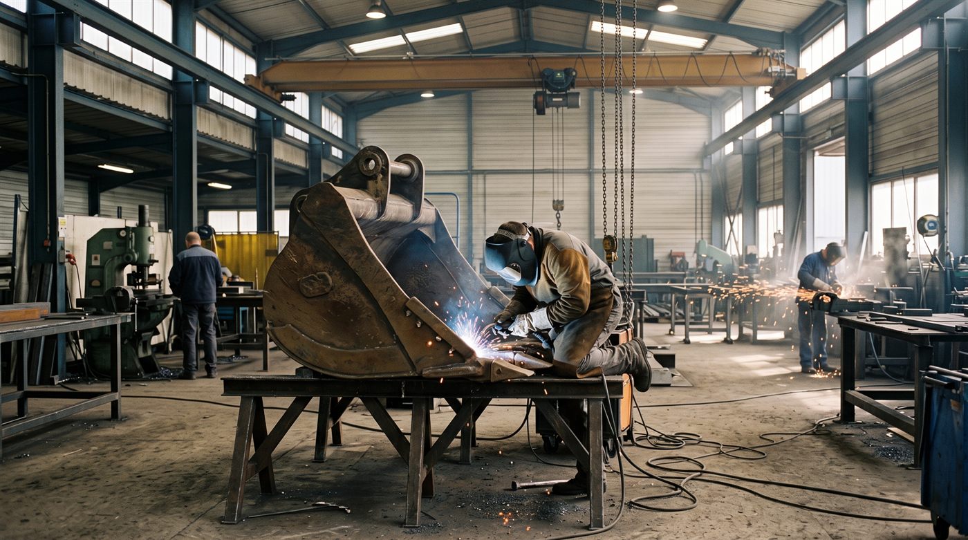 Une travée d'atelier de chaudronnerie : un godet de pelle posé sur tréteaux au premier plan, un soudeur masqué à l'ouvrage dessus, le pont roulant au-dessus, et d'autres postes de travail occupés au fond.