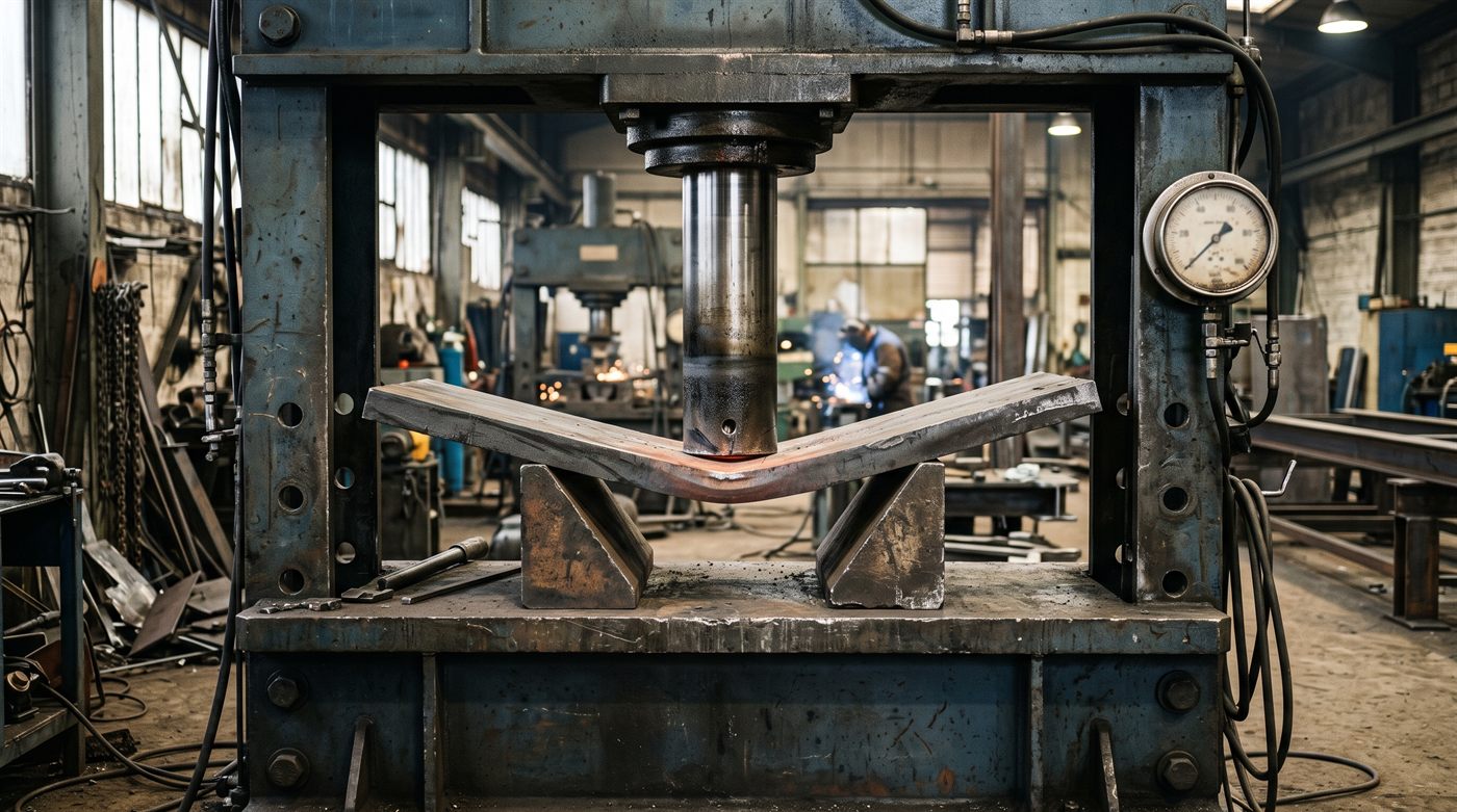 Une presse hydraulique d'atelier redressant une tôle épaisse posée sur deux vés : le vérin descend au centre, la tôle fléchit visiblement, et le manomètre de pression est visible sur le montant droit.