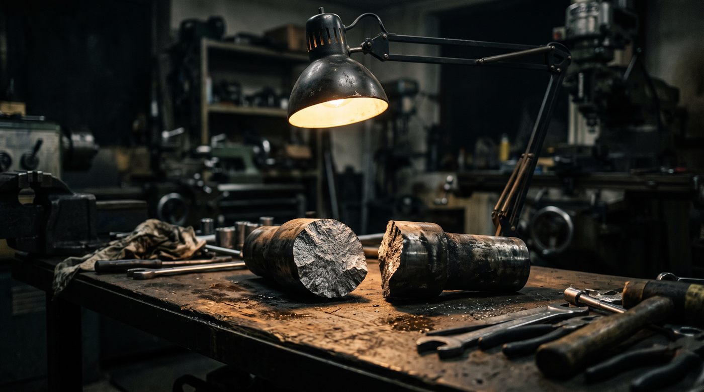 Un axe d'acier rompu en deux, posé sur un établi sous une lampe articulée : le faciès de rupture, granuleux et cristallin, est tourné vers l'objectif.