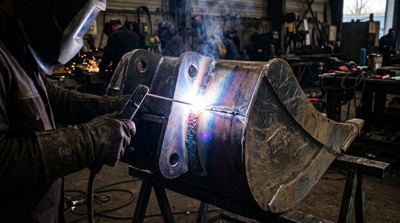 Un soudeur masqué et ganté soudant une platine à oreilles sur le dos d'un godet posé sur tréteaux ; le cordon est en cours et l'acier prend les teintes de revenu autour de la zone chaude.