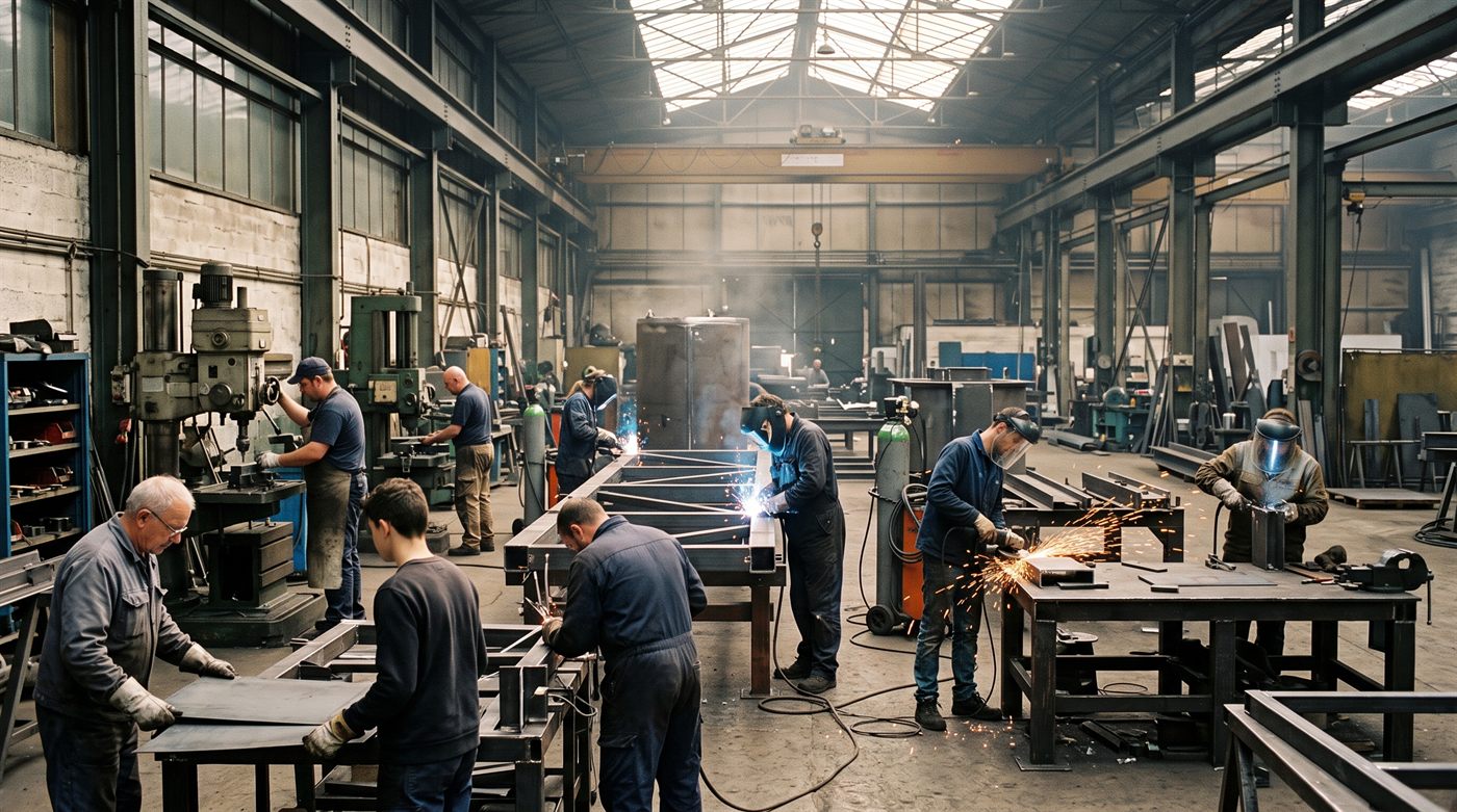 La grande travée d'un atelier de mécanique et de chaudronnerie : une douzaine de personnes au travail, machines-outils alignées, pont roulant au-dessus, plusieurs postes occupés en même temps.