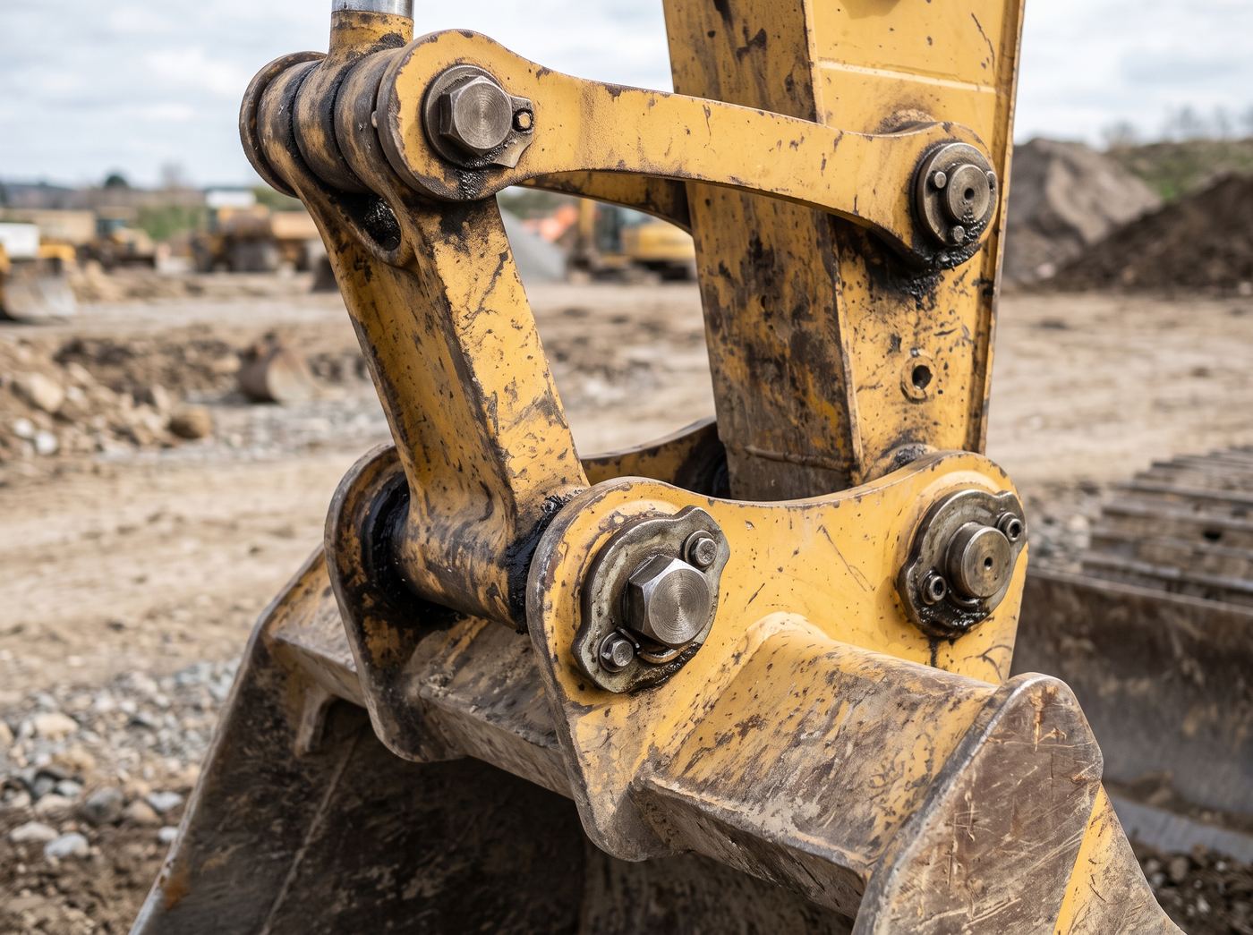 Close-up of the direct connection between the end of the dipper arm and a bucket: two through pins with their retaining plates, control link above