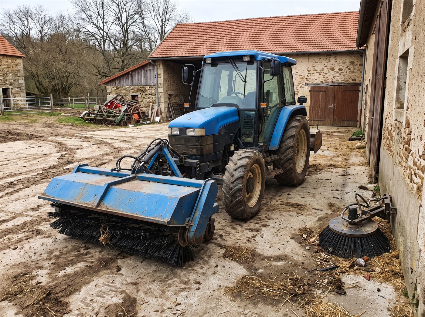 Un tracteur agricole porte à l'avant une balayeuse à brosse rotative avec bac de ramassage, dans une cour de ferme bétonnée ; un balai latéral nettoie le pied d'un mur, personne n'est visible.