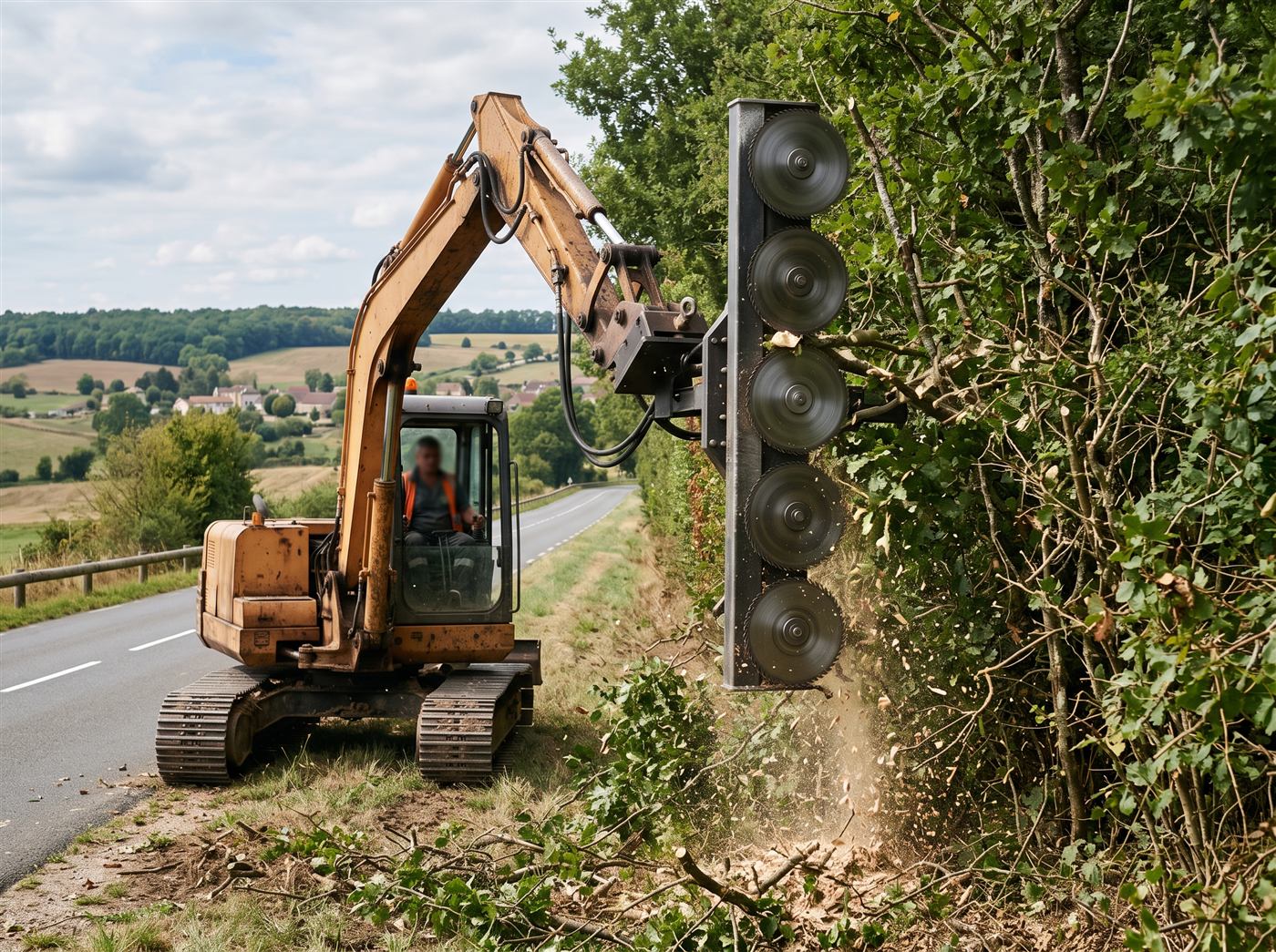 Lamier d'élagage monté au bras d'une pelle : une barre verticale portant cinq disques de scie alignés, taillant une haie d'arbres en bord de route de campagne, copeaux et branches qui tombent