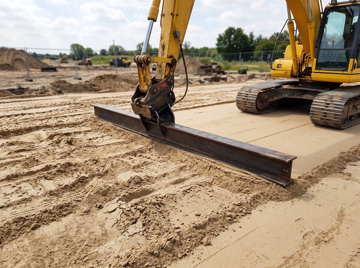 Barre de nivellement en acier tirée en bout de balancier sur une plateforme de sable, surface réglée derrière elle et surface encore irrégulière devant