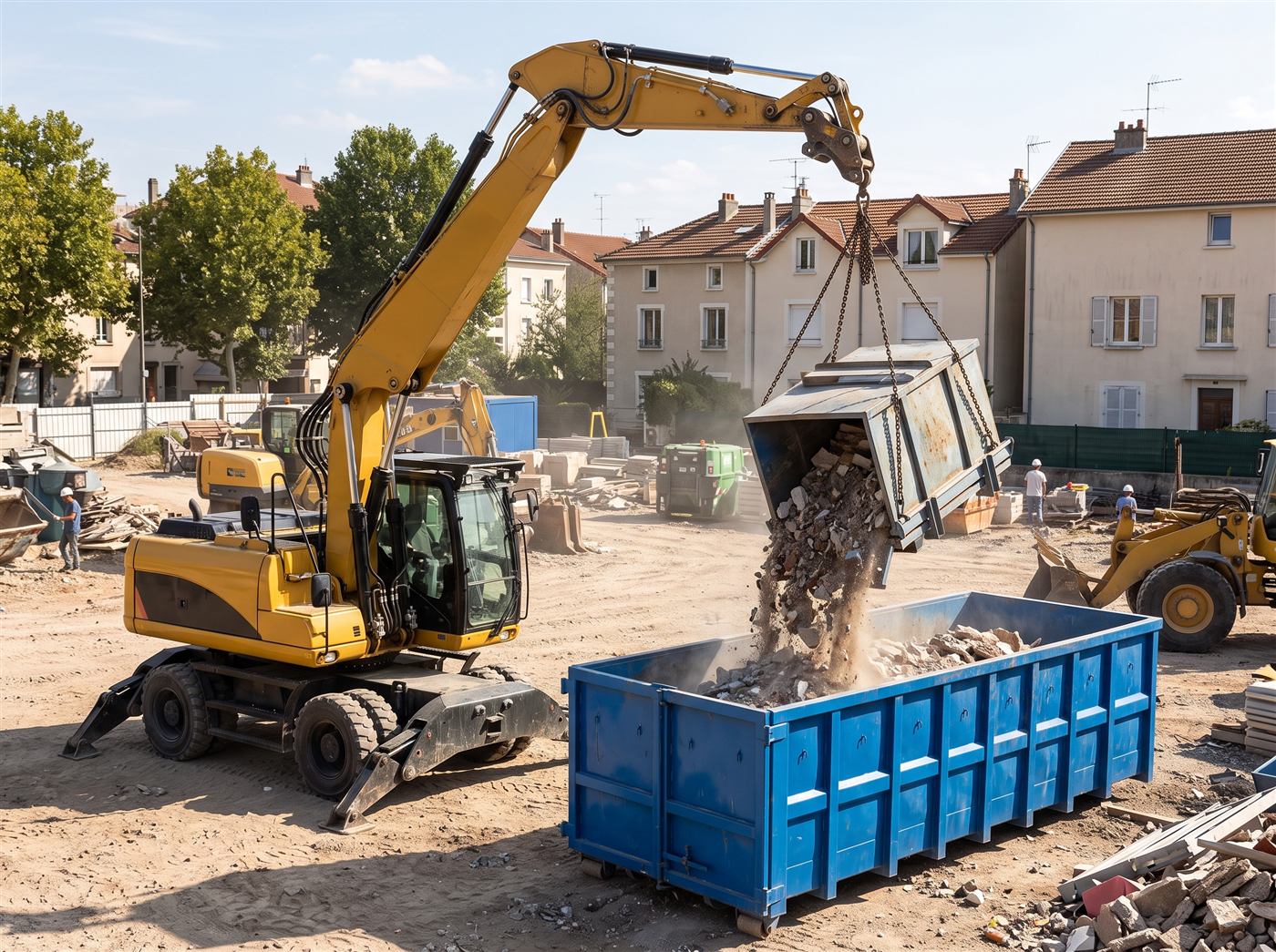 Benne basculante suspendue au bras d'une pelle de manutention, versant des gravats dans une benne de chantier sans rien perdre