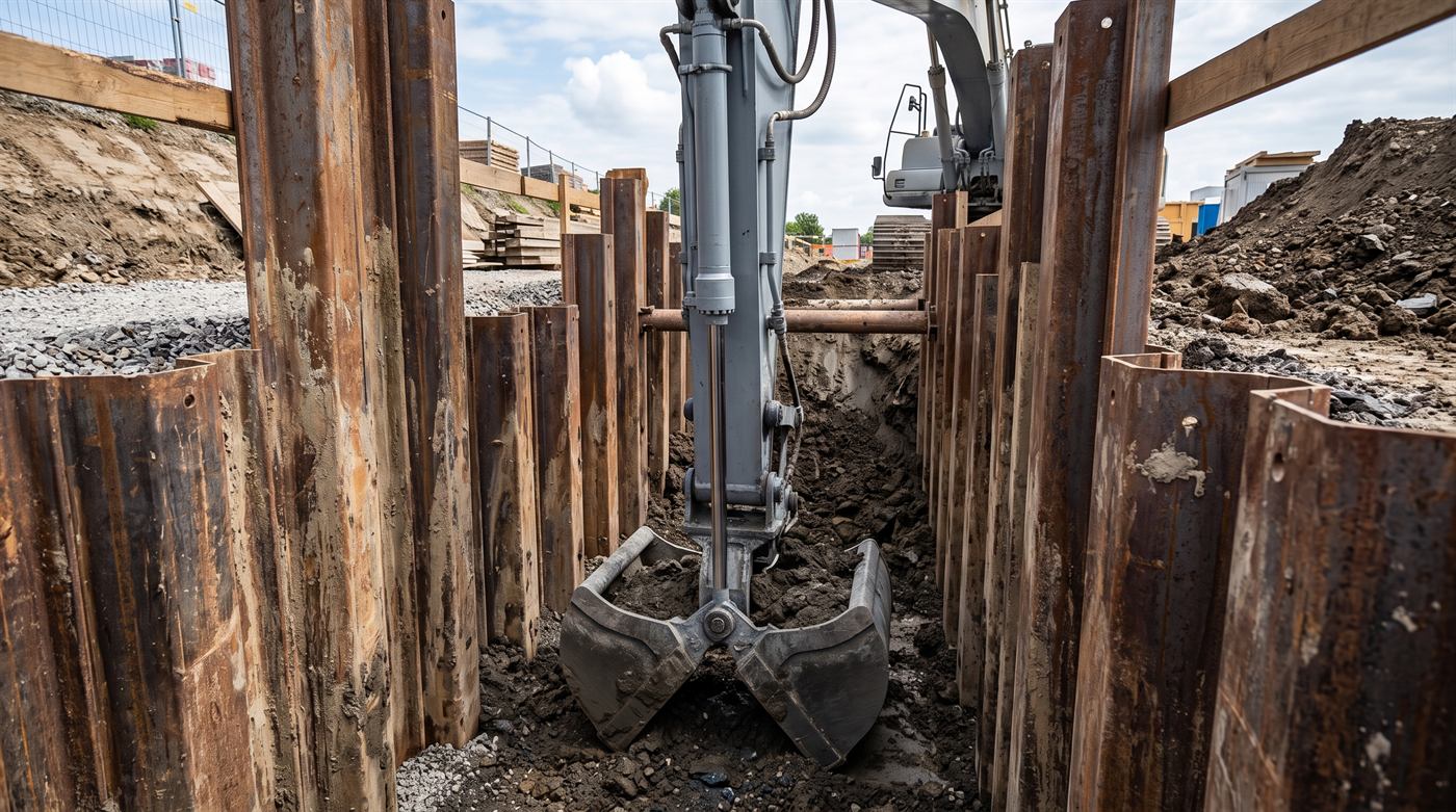 Bucket with two solid shells, rigidly mounted on the end of the dipper arm, closed on the soil at the bottom of a narrow excavation between two sheet-pile walls