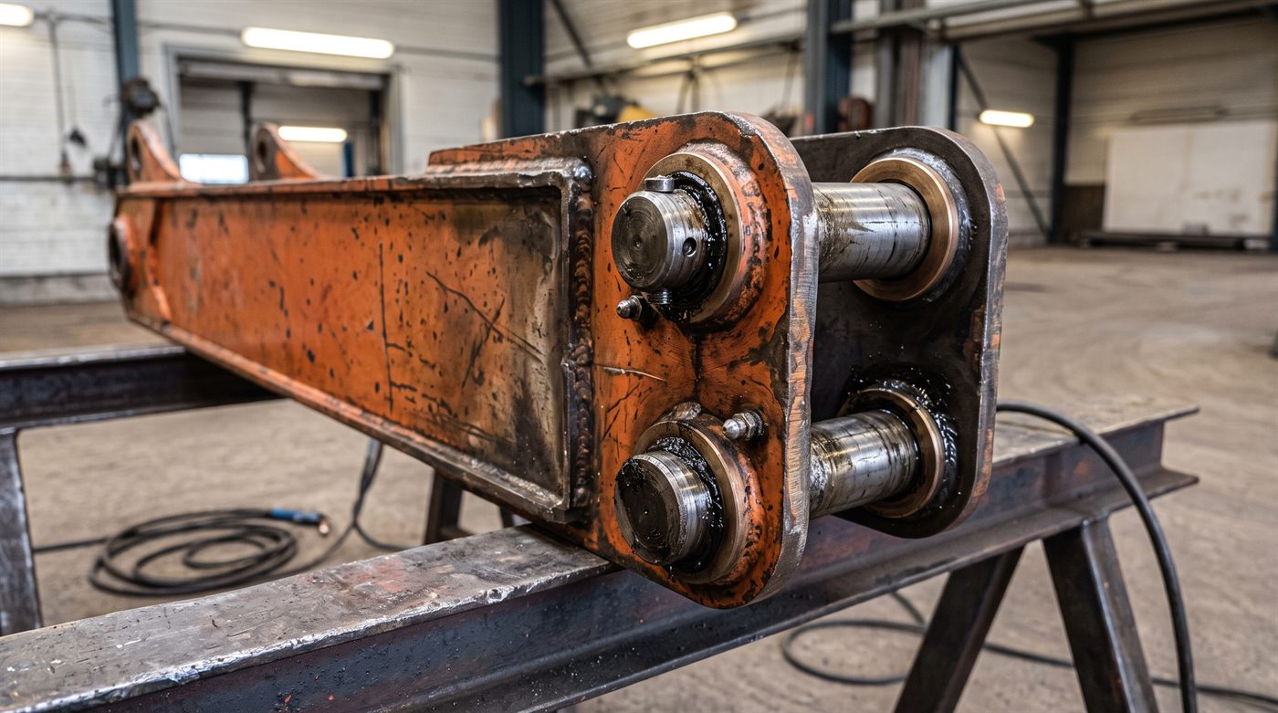 Un bout de balancier de pelle hydraulique déposé sur un chevalet d'atelier, vu de trois quarts : la tôle orange usée, les deux alésages d'axe avec leurs bagues et leurs graisseurs, les axes en place, et les cordons de soudure qui tiennent les joues.