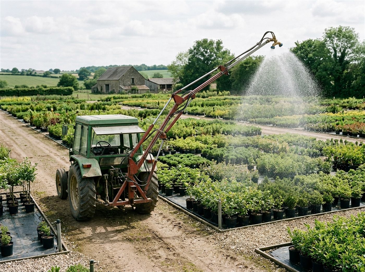 Un tracteur avance le long de rangées de plants en pépinière ; un bras d'arrosage articulé, monté à l'arrière, se déporte sur le côté et arrose les plants depuis une pomme d'arrosage en hauteur.