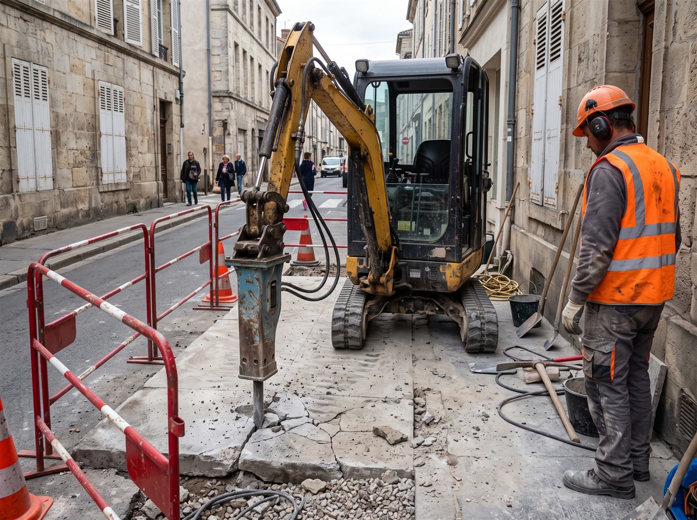 Petit brise-roche monté sur une mini-pelle, pic sur une dalle de trottoir, dans une rue étroite fermée par des barrières de chantier