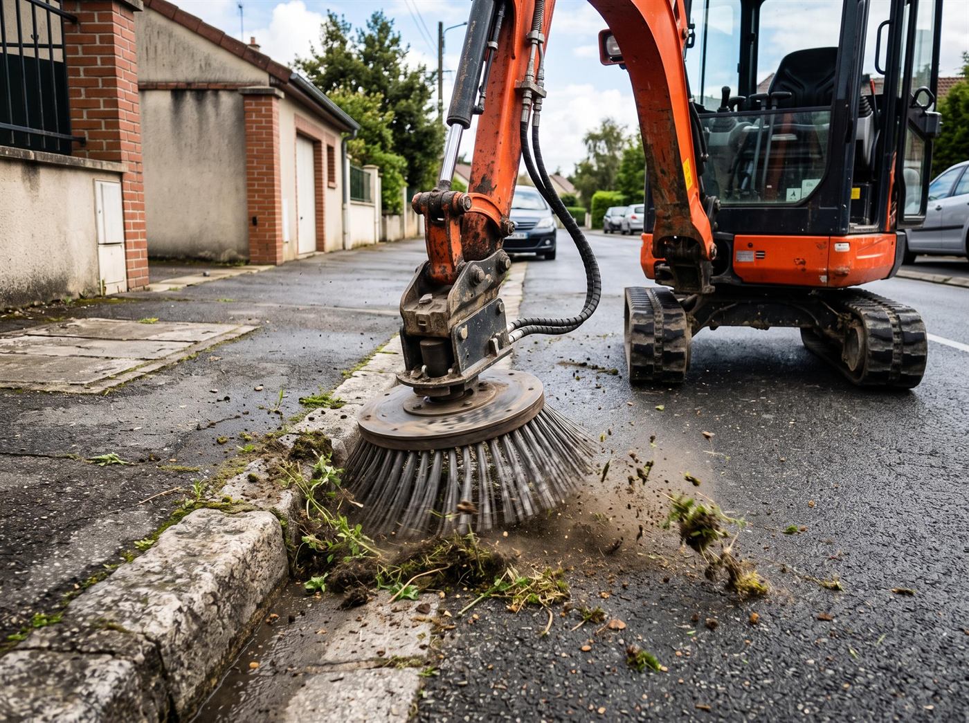 Brosse rotative plaquée dans un caniveau contre une bordure, arrachant la végétation