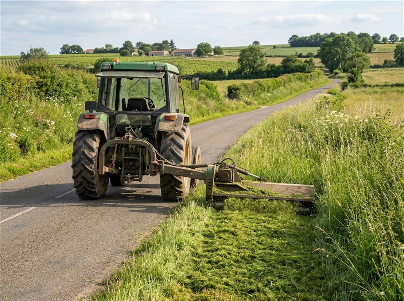 Un tracteur agricole broie l'herbe haute d'un accotement avec un broyeur à marteaux déporté sur le côté, le long d'une route de campagne ; un broyat vert et fin reste au sol, personne n'est visible.
