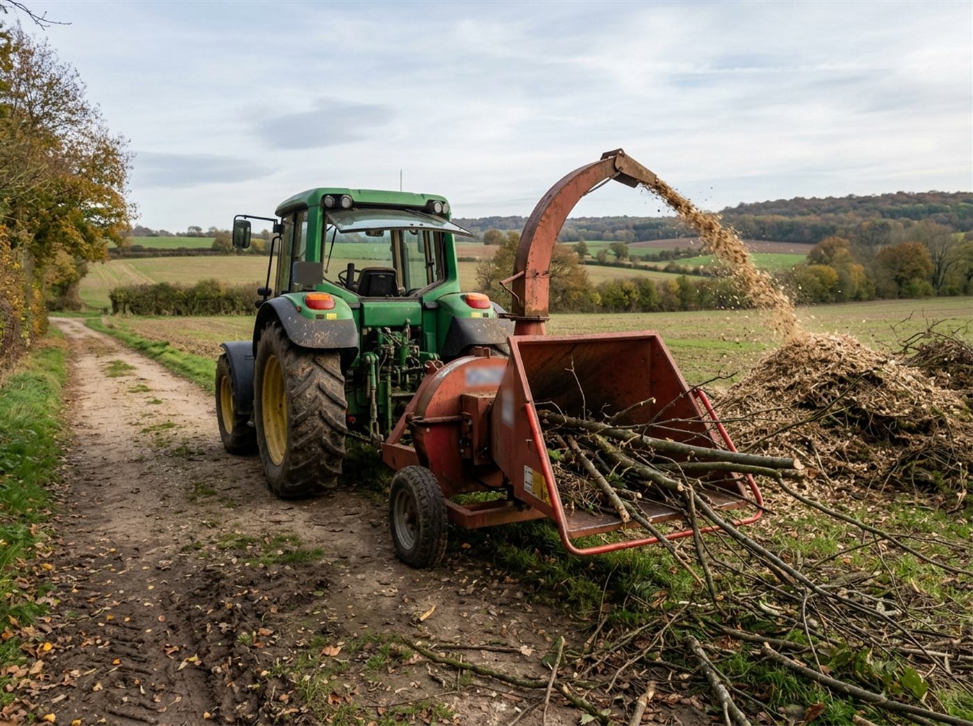 Un tracteur agricole entraîne un broyeur de branches attelé à l'arrière ; des branches entrent dans la trémie et les copeaux sortent par la goulotte relevée.