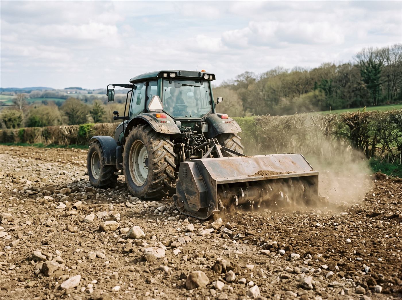 Un broyeur de pierres attelé à un tracteur travaille un sol caillouteux ; la pierre est réduite en morceaux derrière le rotor.