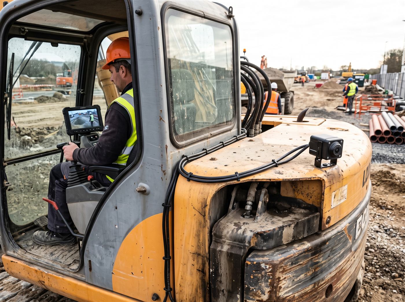 Kompakte Kamera hinten am Oberwagen eines Baggers befestigt, Kabel geführt, und in der Kabine ein Bildschirm, der den rückwärtigen Bereich der Maschine zeigt