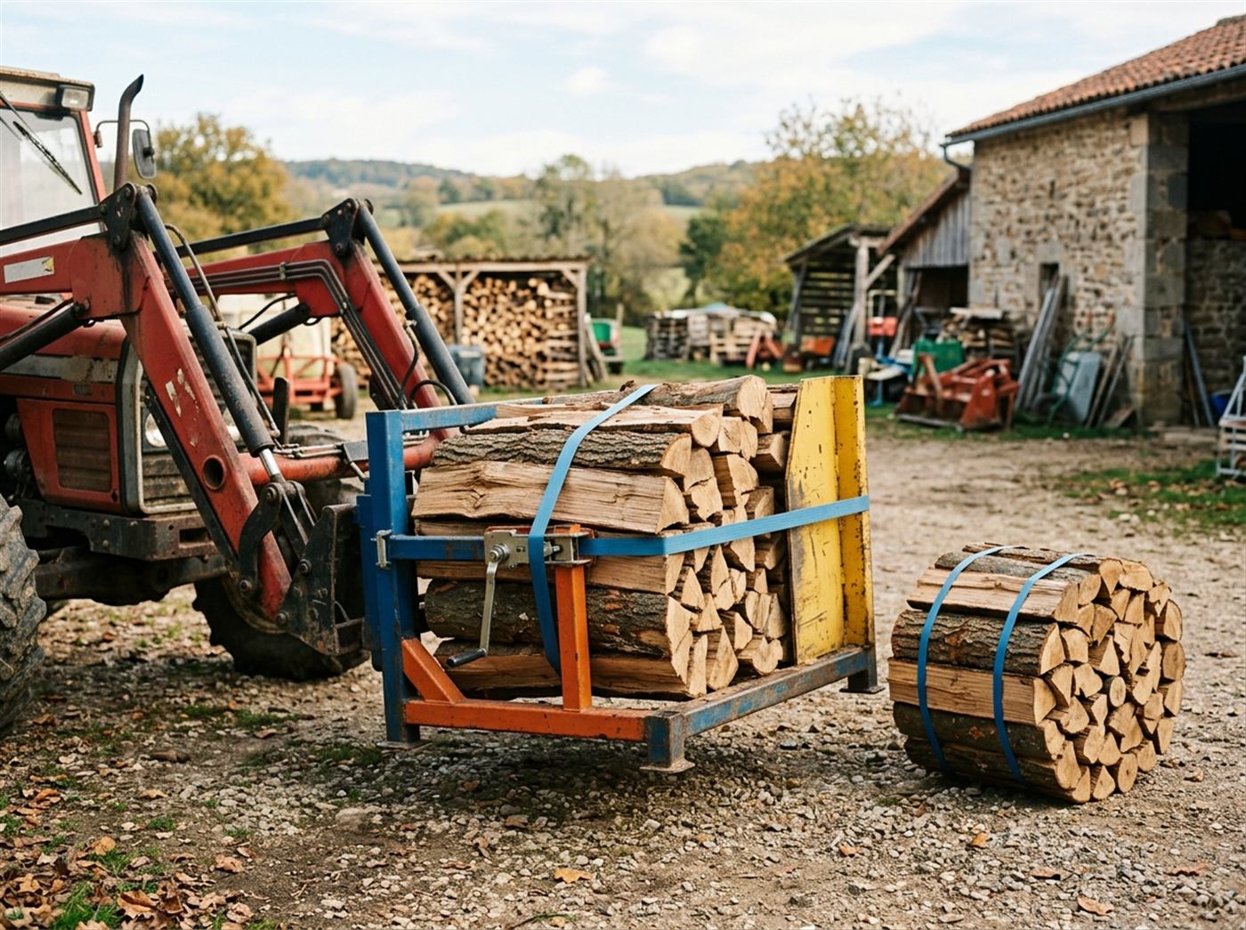 Une cercleuse de bois portée par un chargeur agricole dans une cour de ferme ; des bûches rangées dans le berceau sont maintenues par une bande de cerclage, et un fagot déjà fait attend au sol.