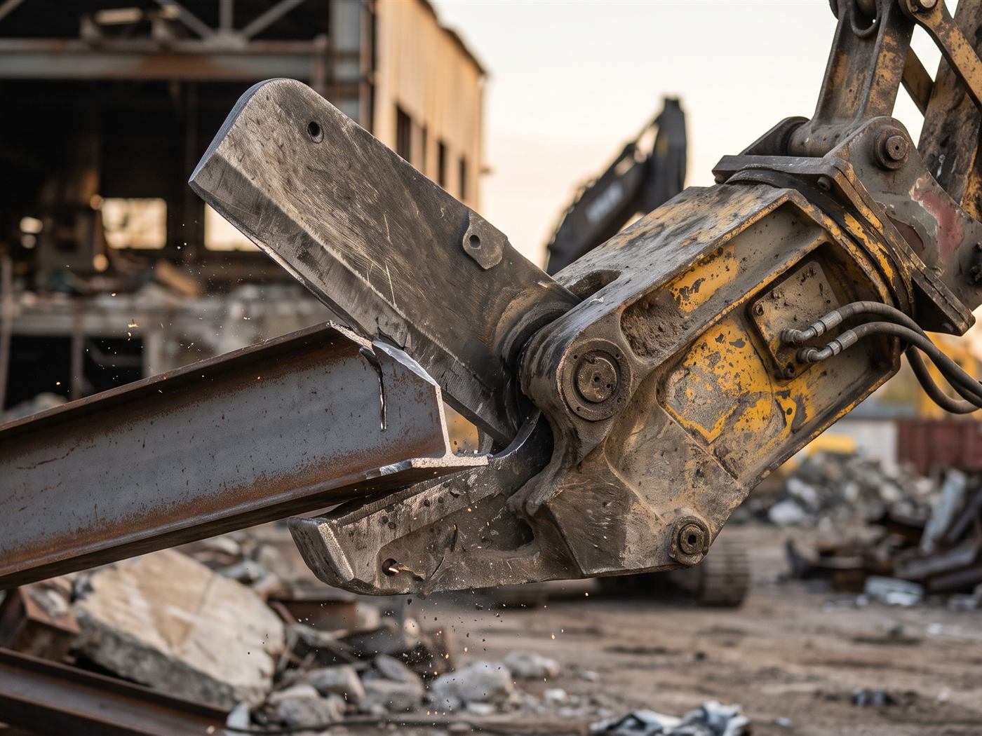 Cisaille à ferraille montée au bras d'une pelle, tranchant une poutre d'acier sur un chantier de déconstruction, étincelles et copeaux