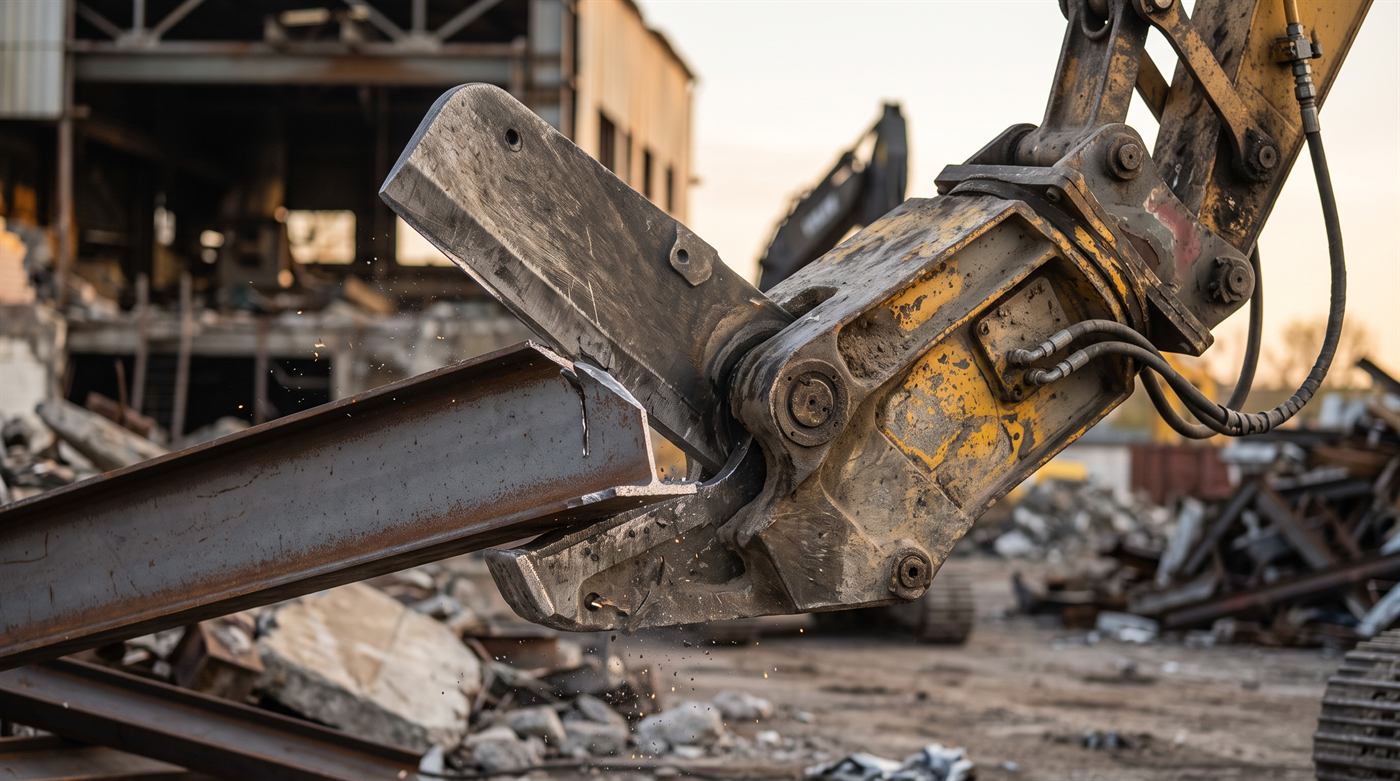 Cisaille hydraulique en bout de bras, lame mobile passant à côté de la mâchoire fixe, poutrelle métallique sectionnée net