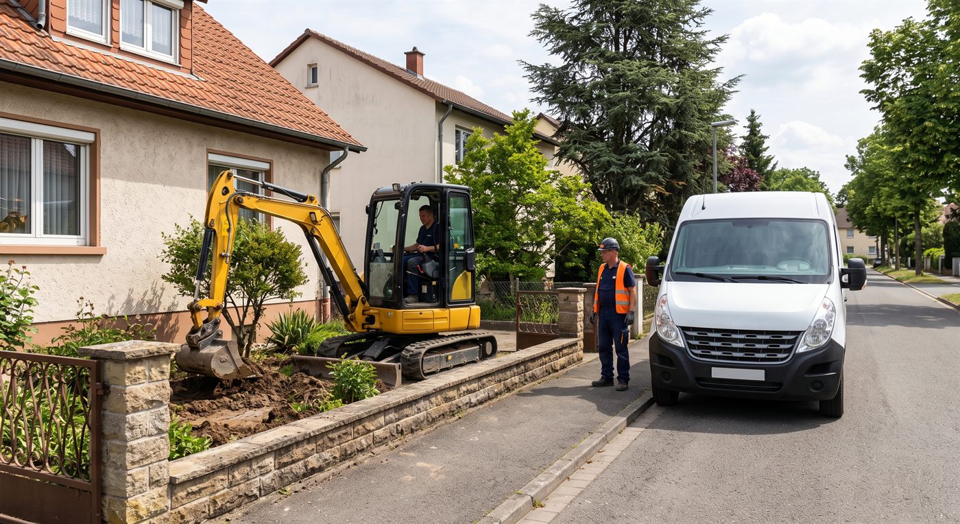 Une mini-pelle au travail devant une maison, un fourgon utilitaire garé juste à côté qui donne la mesure de sa taille.