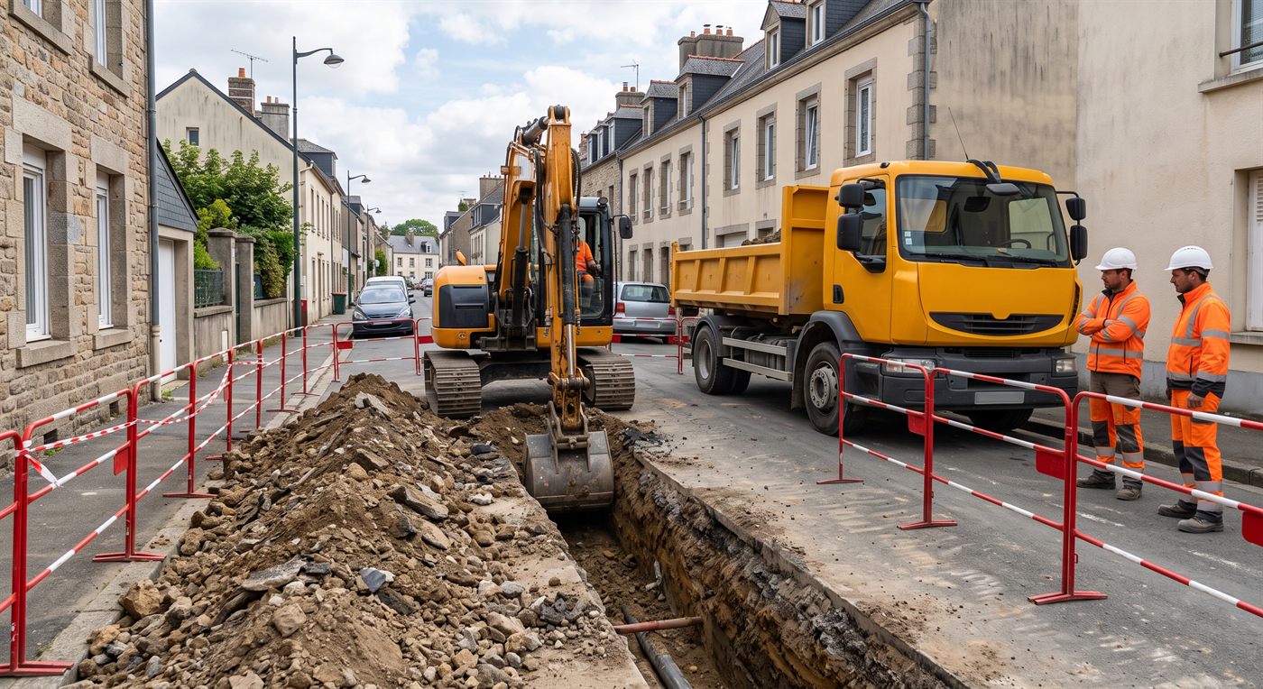 Une pelle de taille moyenne creusant une tranchée dans une rue de ville, un camion de chantier stationné derrière elle.