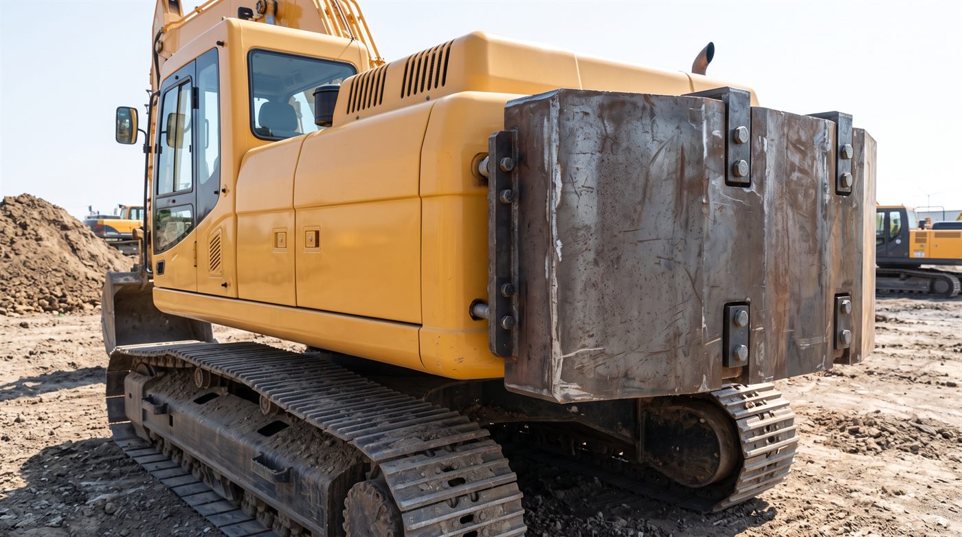 Additional counterweight bolted to the rear of the upperstructure of a tracked excavator, seen from three-quarters behind: a steel mass pressed against the engine cover and held by visible bolts.