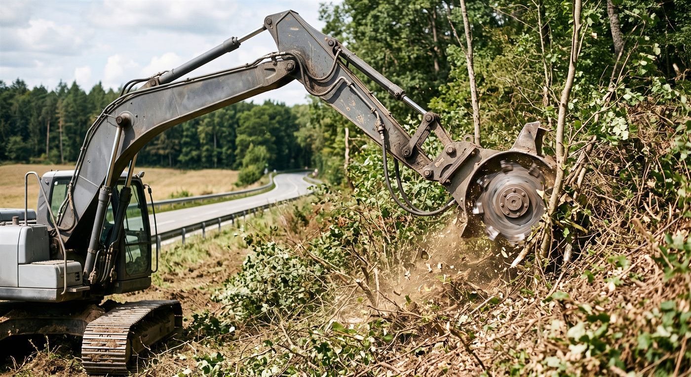 Débroussailleuse à disques en bout de bras : le disque tourne, flou de rotation, et attaque un talus embroussaillé le long d'une route de campagne ; les végétaux sectionnés sont projetés devant l'outil.