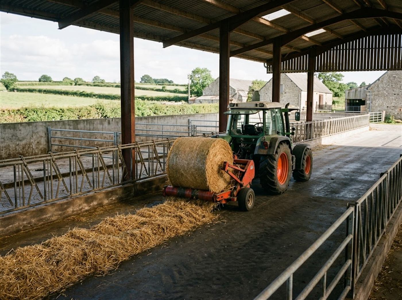 Un tracteur agricole avance le long d'une table d'alimentation sans animaux ; à l'arrière, une balle ronde de foin tourne sur une dérouleuse et se pose en bande régulière ; personne n'est visible.