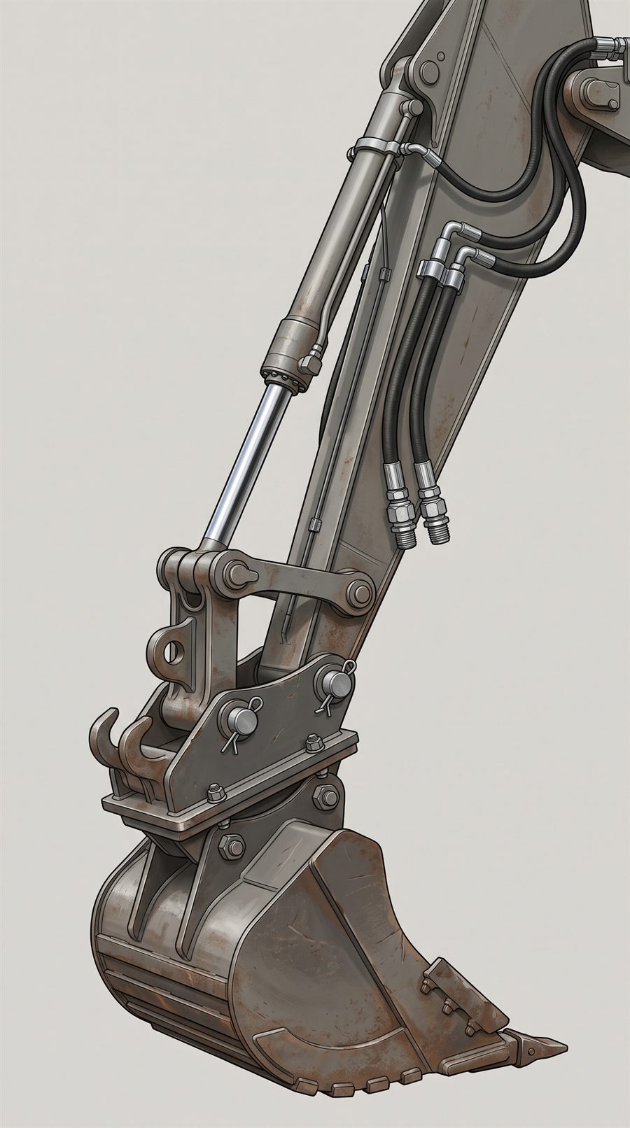 Dessin technique du bout de bras d'une pelle : le balancier, le vérin de godet à tige chromée, la biellette et le levier de commande, les flexibles hydrauliques avec leurs raccords coudés, l'attache rapide et ses deux goupilles de sécurité, et le godet à dents monté dessous.
