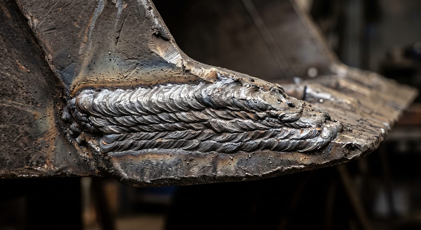 The edge of a bucket hard-faced by welding: parallel raised beads laid one over another, still coloured by the heat, over the whole width of the blade.
