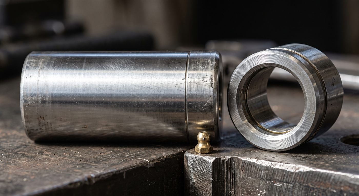 A polished pivot pin taken out of its housing, set beside its bush, with a brass grease nipple in front of the two parts.