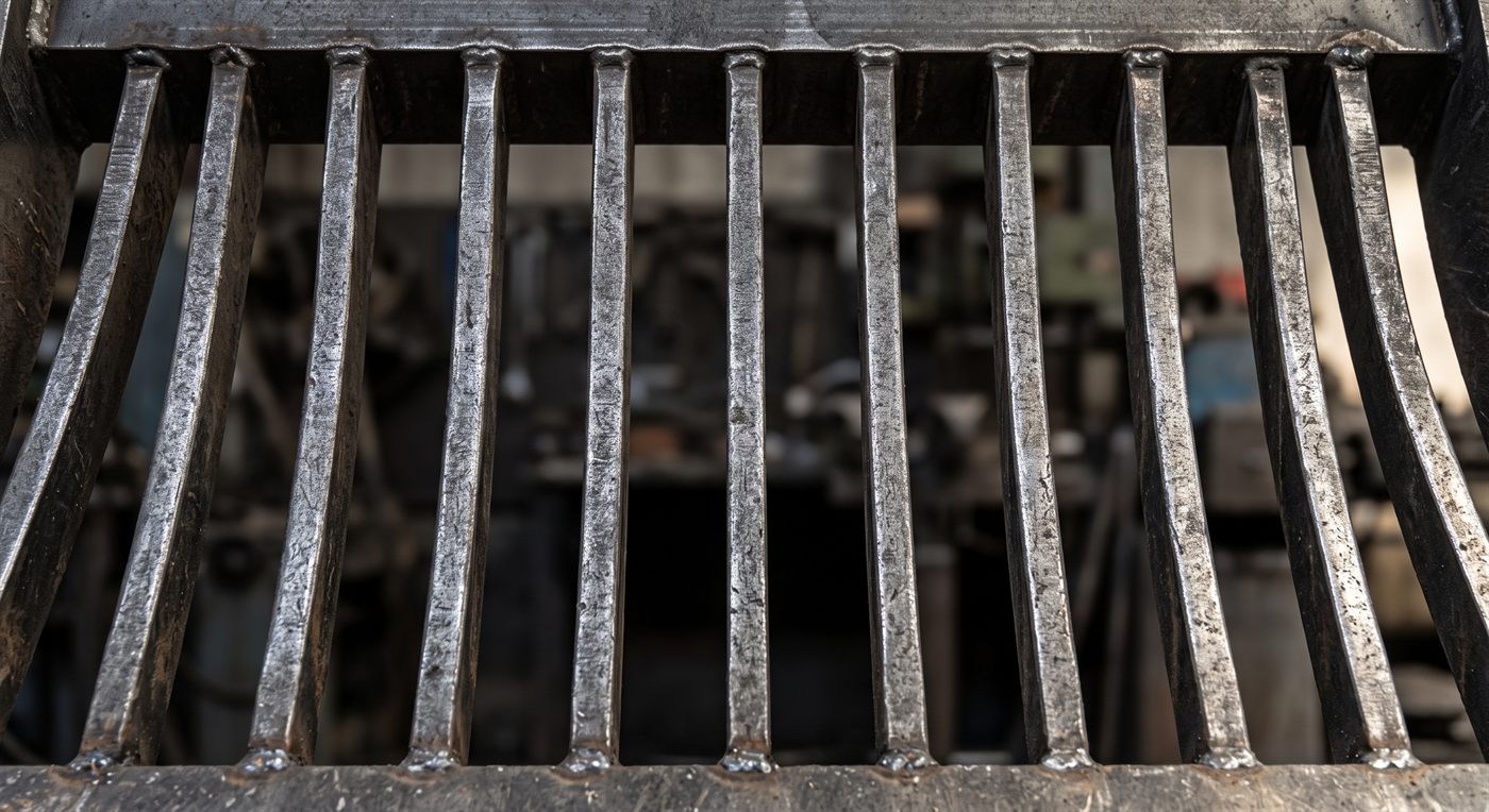 Le barreaudage d'un godet vu de dessous : des barreaux d'acier parallèles, régulièrement espacés, soudés en haut et en bas sur la structure.