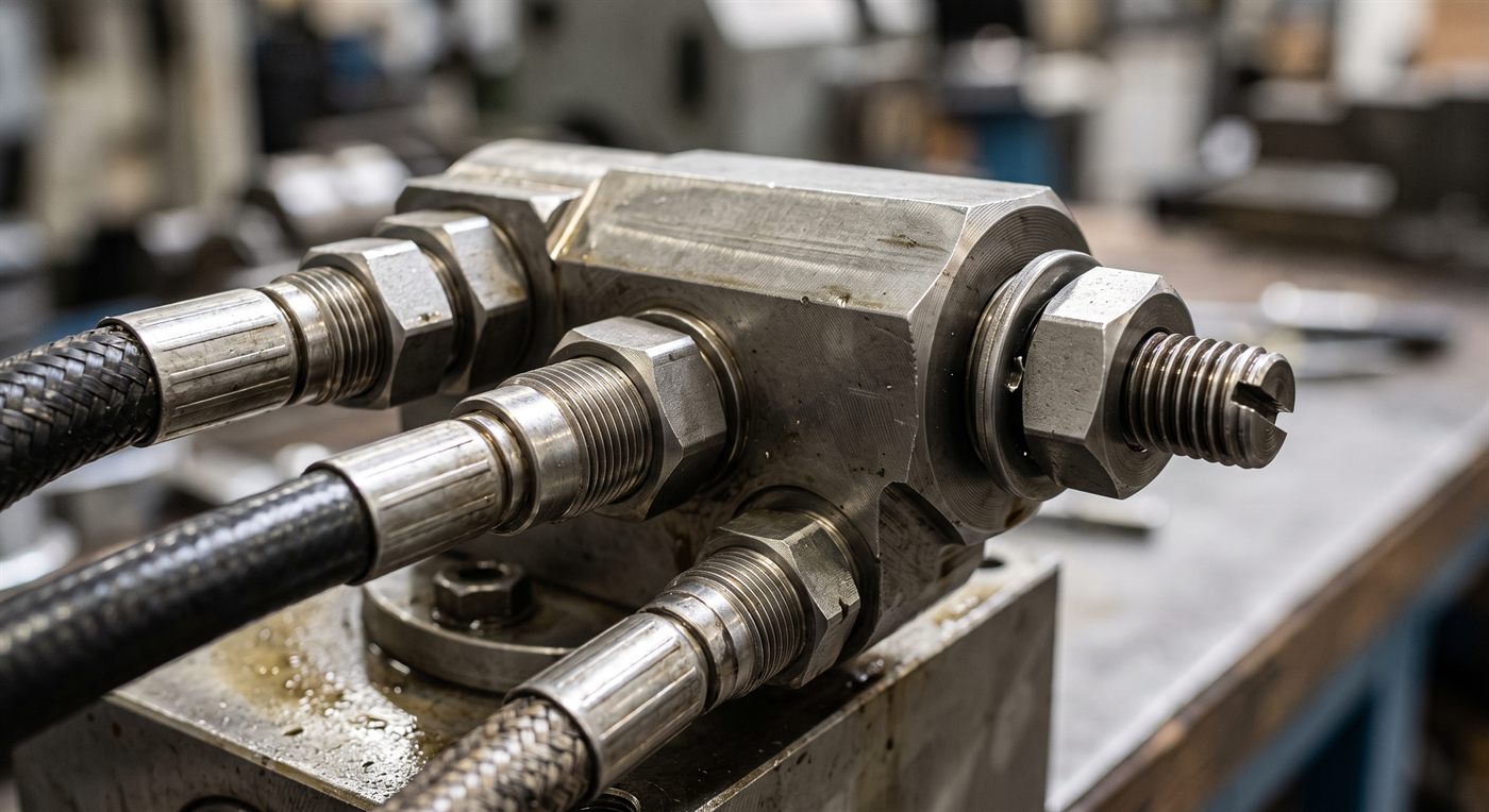 Un clapet piloté monté sur un circuit hydraulique, ses trois raccords équipés de flexibles, et sa vis de tarage fendue bloquée par un contre-écrou.