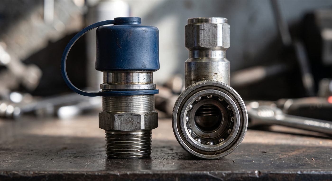 Two hydraulic half-couplers set side by side: the left one closed by a protective cap held on a strap, the right one open, its ring of balls visible.