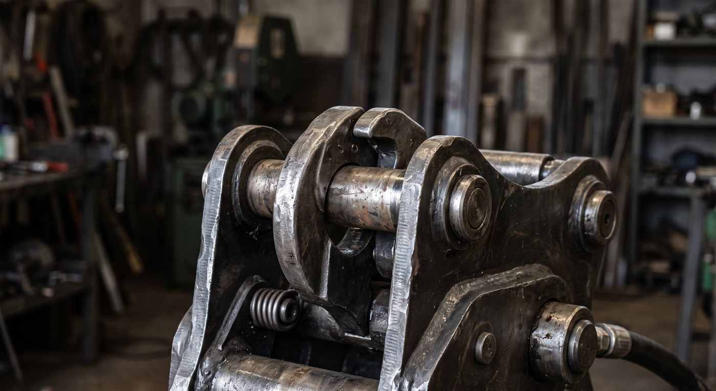 Le mécanisme d'une attache rapide hydraulique : le crochet principal refermé sur l'axe, et en dessous un loquet de sécurité poussé par un ressort hélicoïdal bien visible.