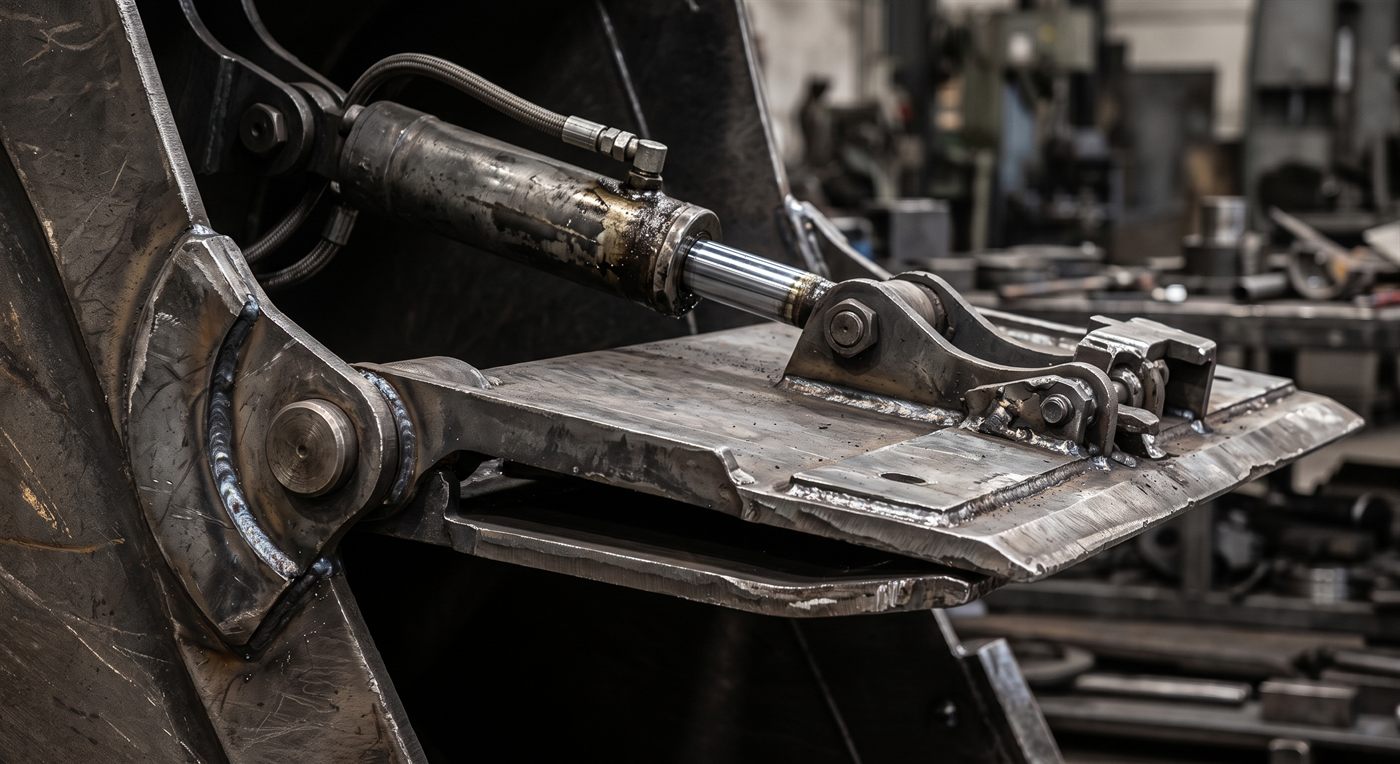 La trappe articulée du fond d'un godet, entrouverte, sa charnière soudée visible sur le côté, actionnée par un vérin hydraulique tige sortie.