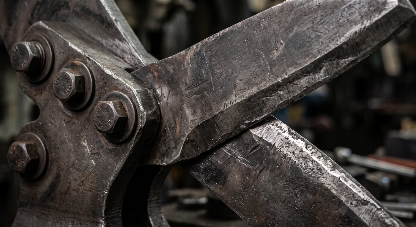 Deux lames de cisaille en acier épais se croisant comme des ciseaux, leurs arêtes de coupe marquées par l'usage, avec la platine boulonnée qui les guide.
