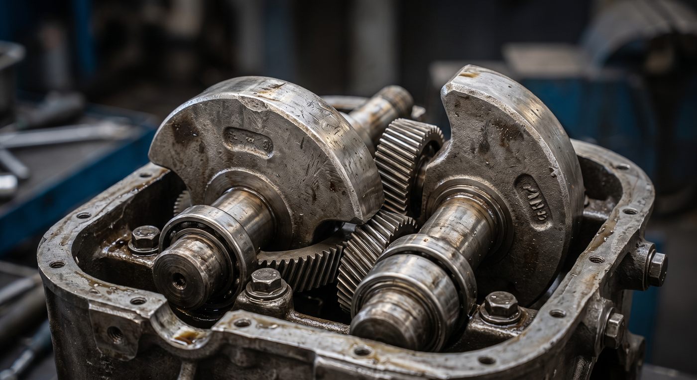 The open housing of a vibratory driver: two half-moon eccentric weights on their shafts, and the synchronising gears meshed between them.
