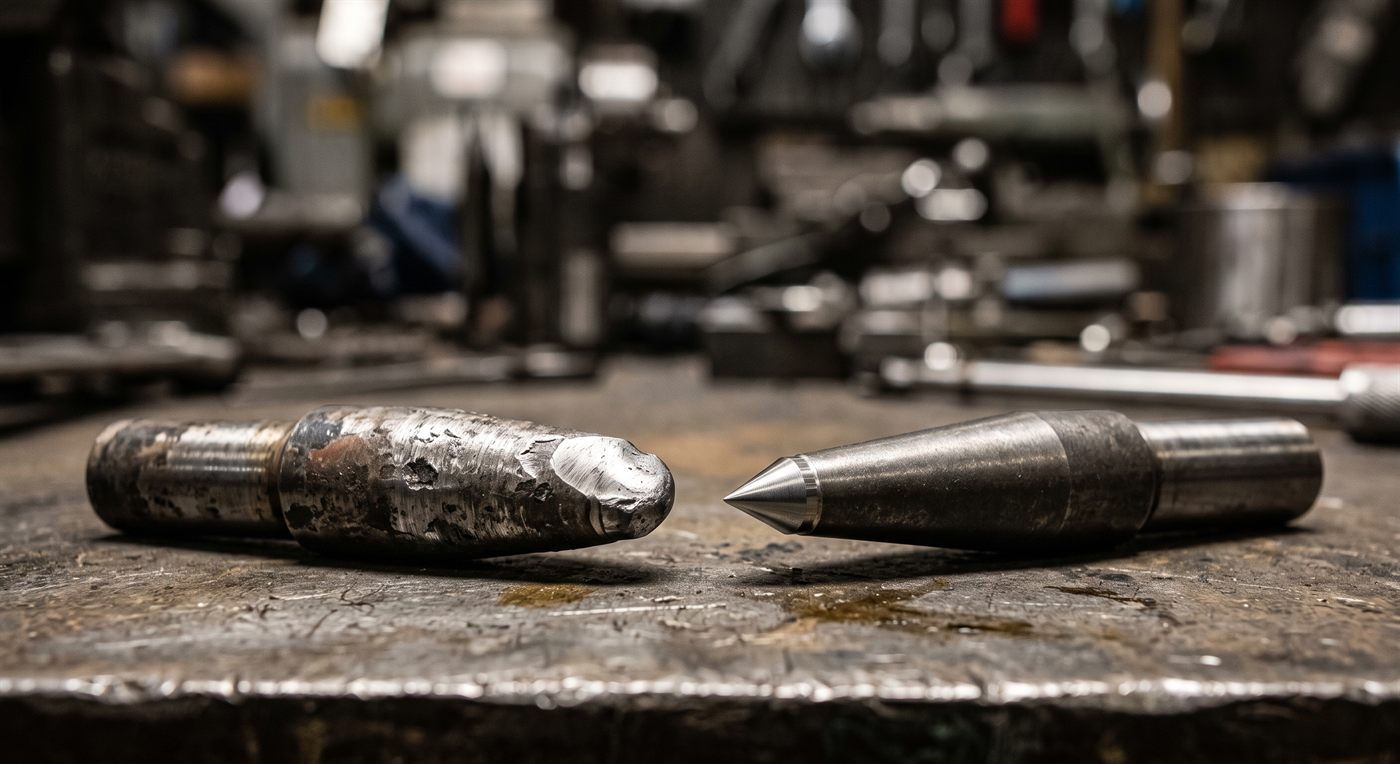 Two breaker points set side by side: the left one worn, its point battered and chipped; the right one new, its conical point clean.